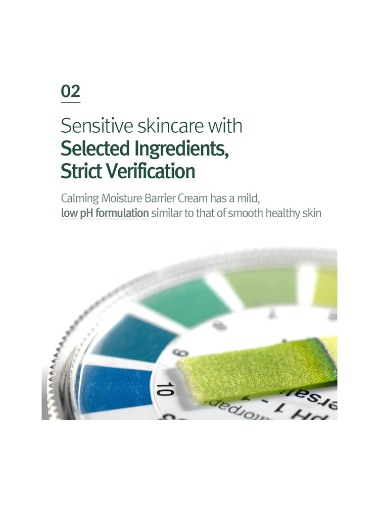 Image showing the pH level and benefits of Calming Moisture Barrier Cream for sensitive skincare.