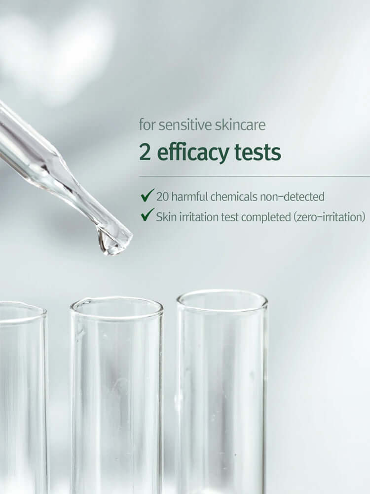Two efficacy tests for sensitive skincare highlighting no harmful chemicals and zero irritation.