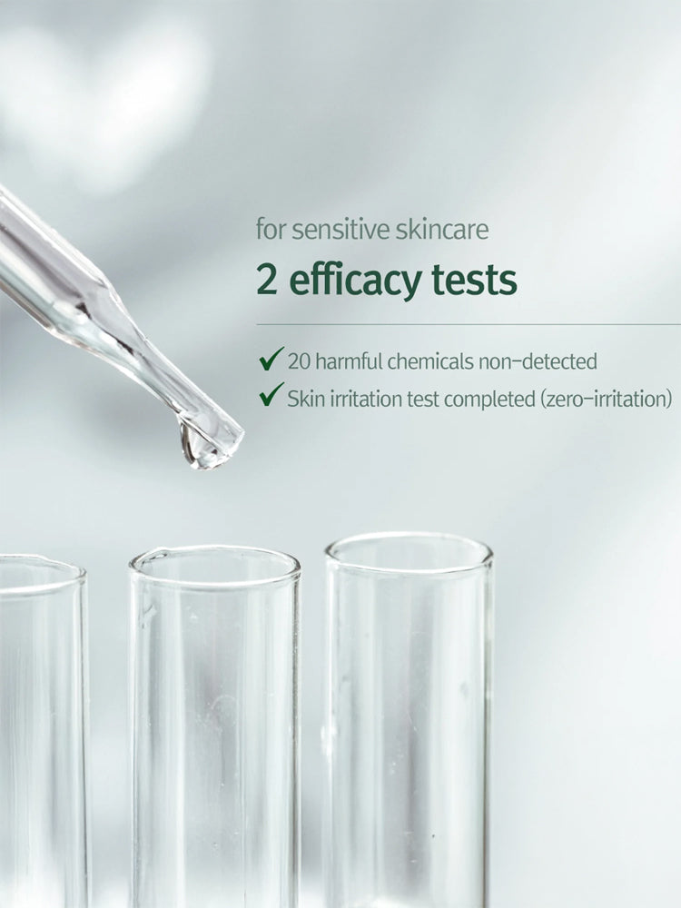 Two efficacy tests for sensitive skincare highlighting no harmful chemicals and zero irritation.