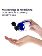 Hands holding PYUNKANG YUL Essence Toner with drops, emphasizing moisturizing and revitalizing properties for sensitive skin.