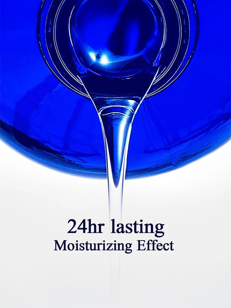 PYUNKANG YUL Essence Toner pouring with 24hr lasting moisturizing effect in a blue bottle.