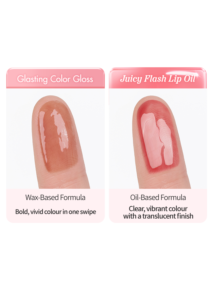 ROMAND Juicy Flash Lip Oil swatch comparison with Glasting Color Gloss showing vibrant colors on fingertips.