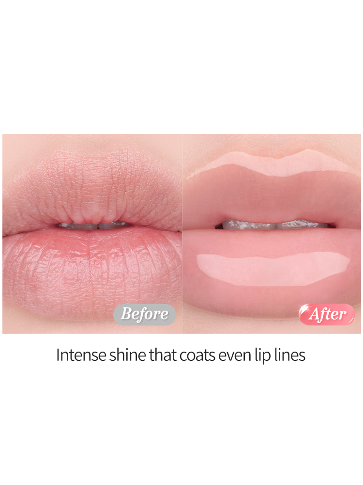 Before and after using ROMAND Juicy Flash Lip Oil, showcasing intense shine and smooth lips.