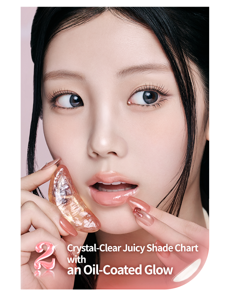 ROMAND Juicy Flash Lip Oil crystal-clear shade chart showcasing an oil-coated glow on lips.