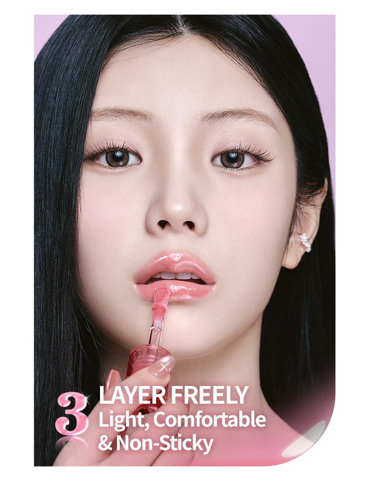 ROMAND Juicy Flash Lip Oil applied on lips, showcasing light, comfortable, and non-sticky formula.