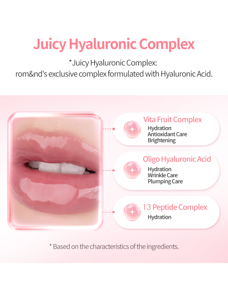 ROMAND Juicy Flash Lip Oil showcasing Juicy Hyaluronic Complex for hydration and shine