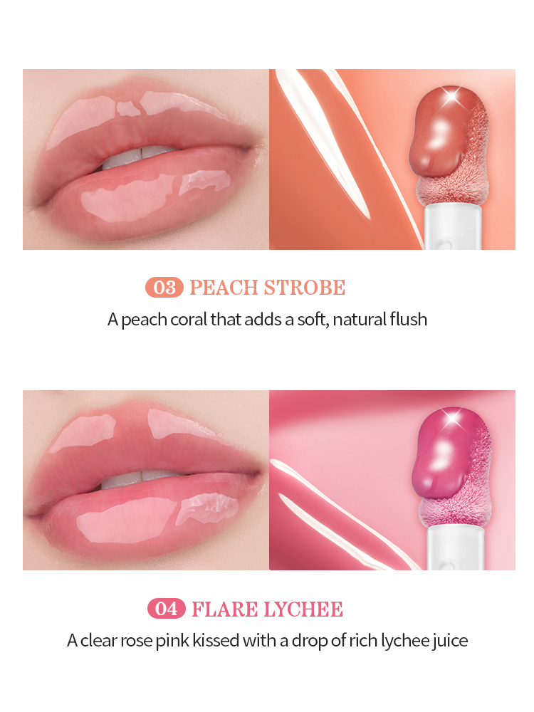 ROMAND Juicy Flash Lip Oil shades Peach Strobe and Flare Lychee with vibrant colors and a glossy finish.