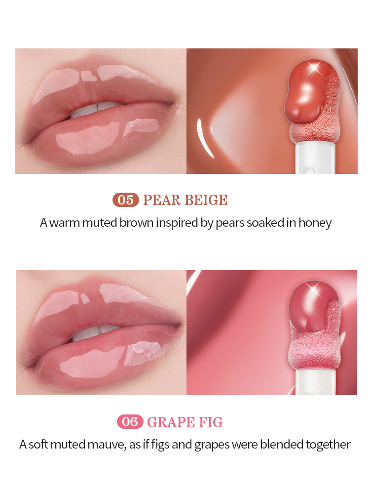 ROMAND Juicy Flash Lip Oil in Pear Beige and Grape Fig shades with glossy finish on lips.