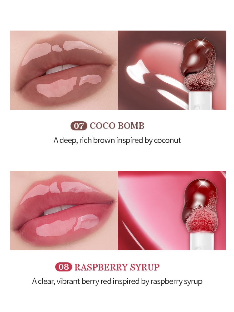 Swatches of ROMAND Juicy Flash Lip Oil in Coco Bomb and Raspberry Syrup shades on lips.