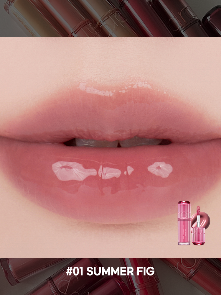 romand juicy lasting tint in #01 Summer Fig, showcasing glossy lips with a transparent finish.