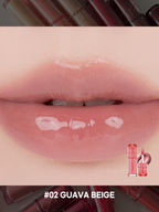 romand juicy lasting tint in #02 Guava Beige, showcasing a glossy, plump lip finish.