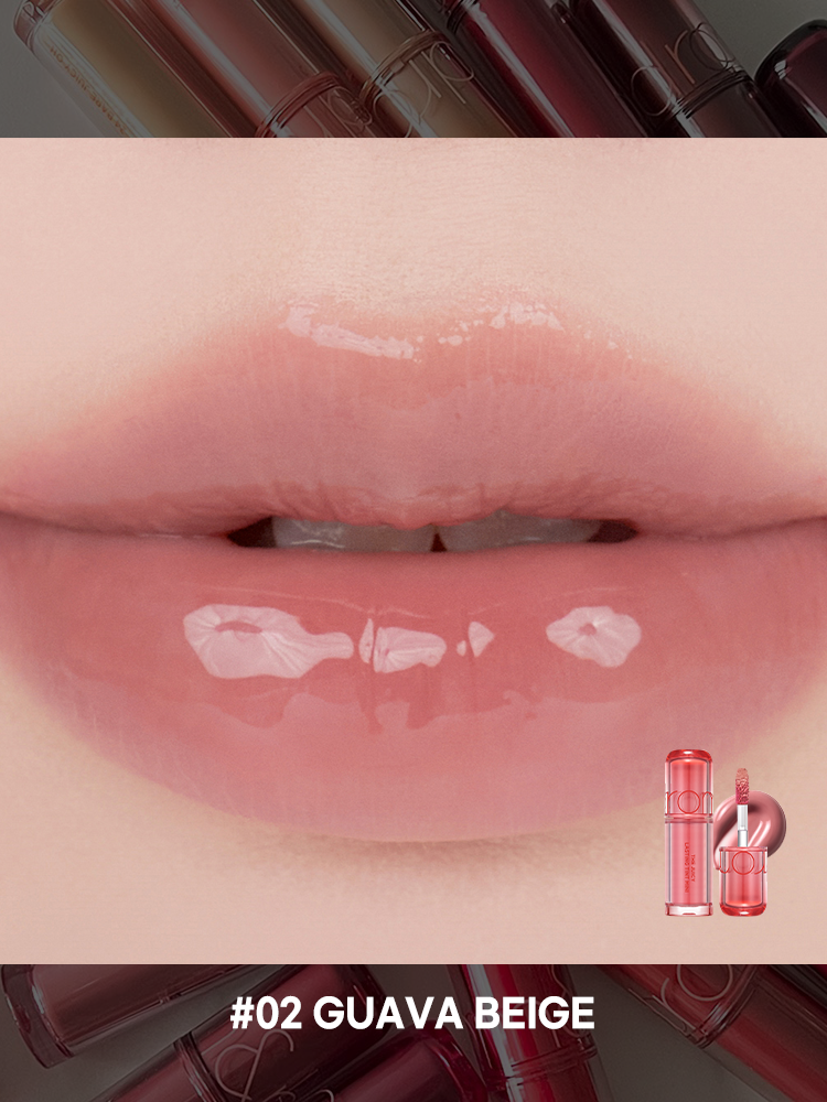 romand juicy lasting tint in #02 Guava Beige, showcasing a glossy, plump lip finish.