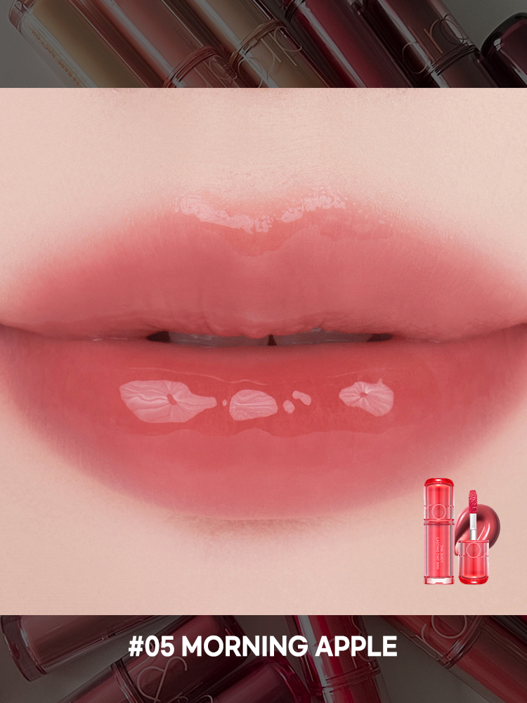 romand juicy lasting tint #05 morning apple swatch on lips, showcasing glossy finish and vibrant color.