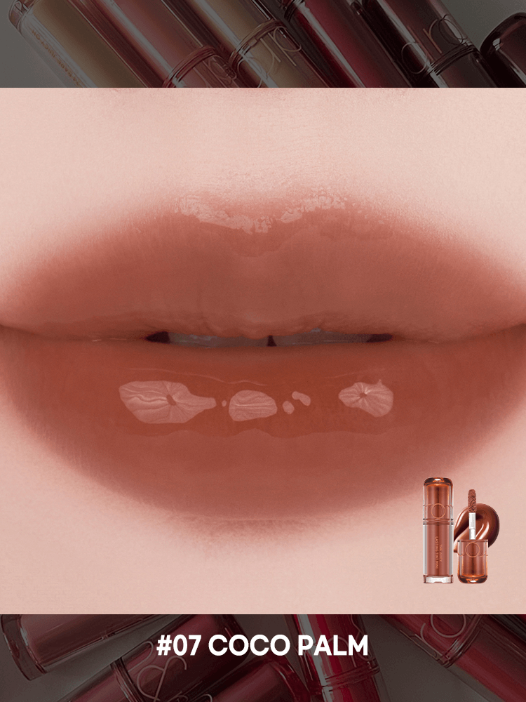romand juicy lasting tint in #07 Coco Palm, showcasing a glossy lip look with a transparent finish.
