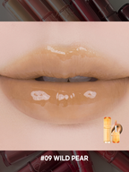romand juicy lasting tint in shade #09 Wild Pear with a glossy finish on lips.