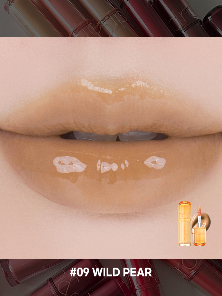 romand juicy lasting tint in shade #09 Wild Pear with a glossy finish on lips.