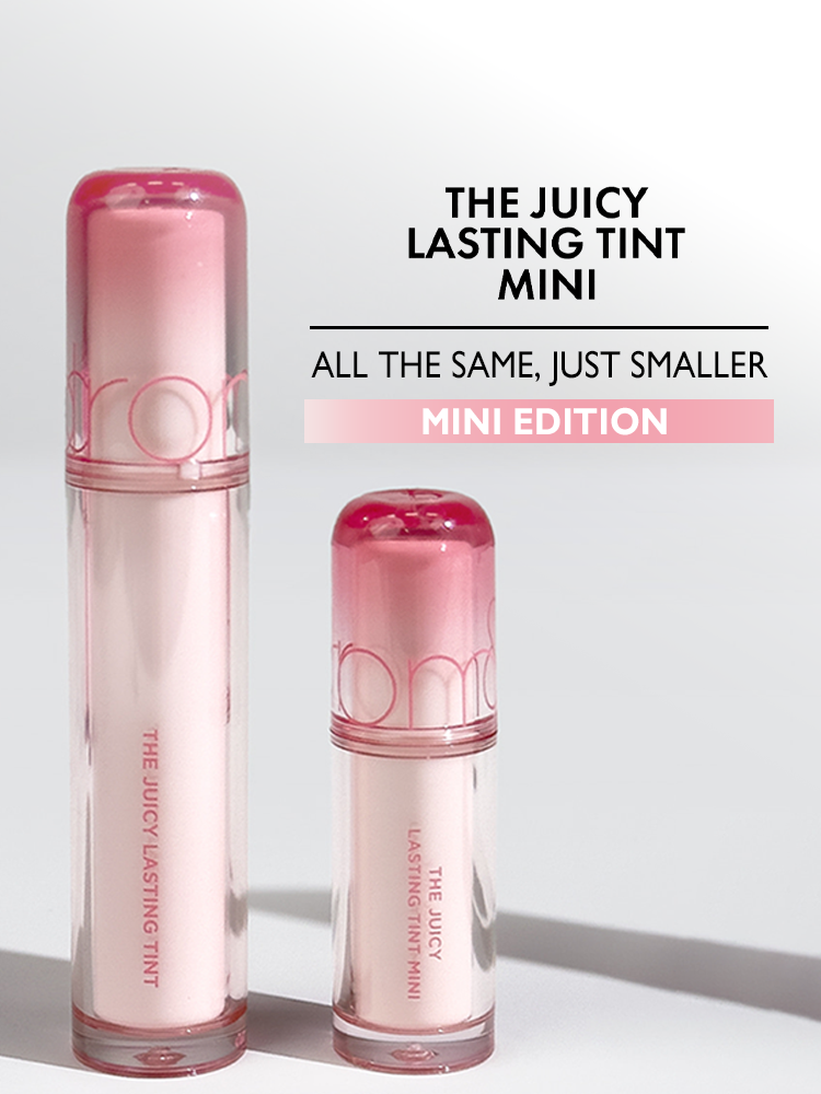 romand juicy lasting tint mini edition packaging displayed in two sizes on a light background.