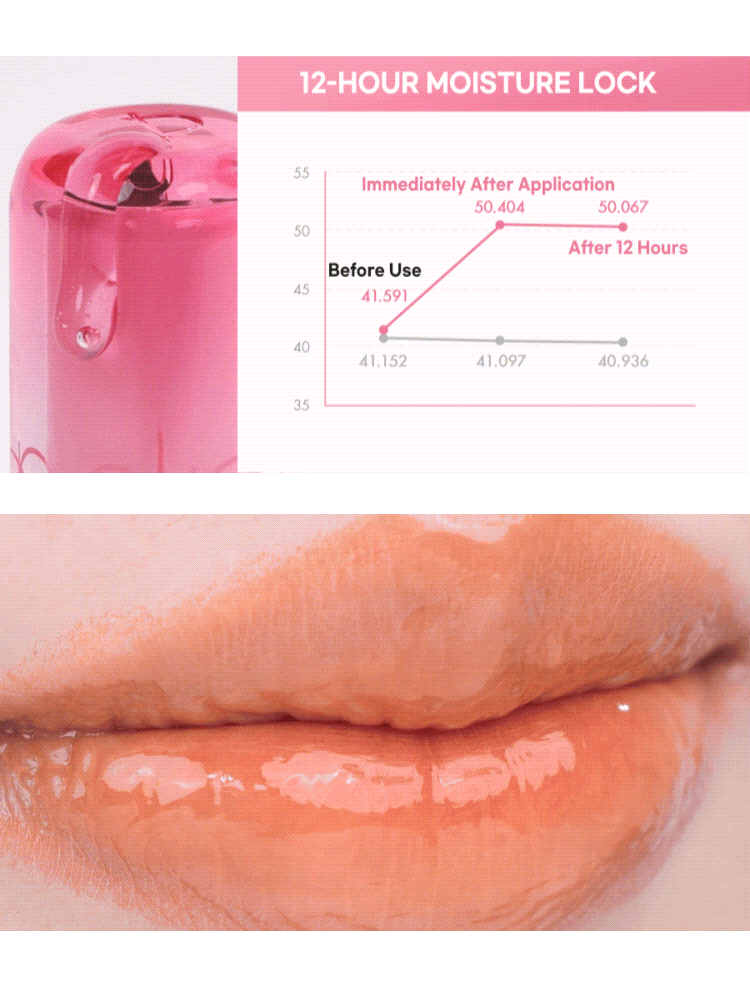 romnd The Juicy Lasting Tint NEW WARM with 12-hour moisture lock chart and lip application example.