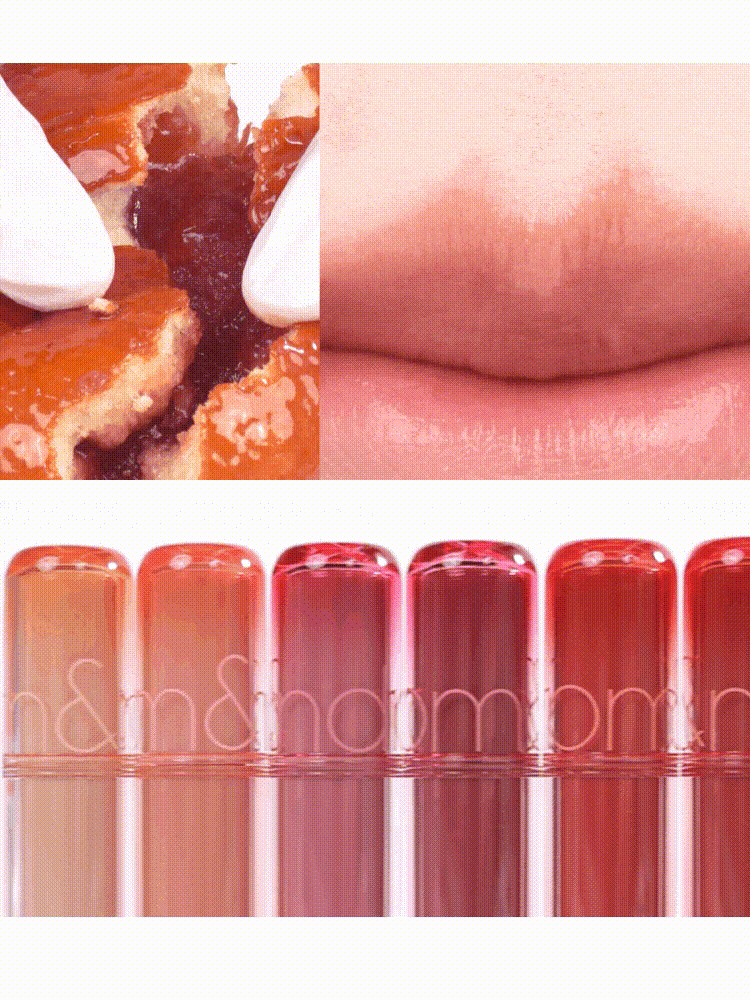 romnd The Juicy Lasting Tint NEW WARM shown in swatches and application, showcasing glossy colors and texture.
