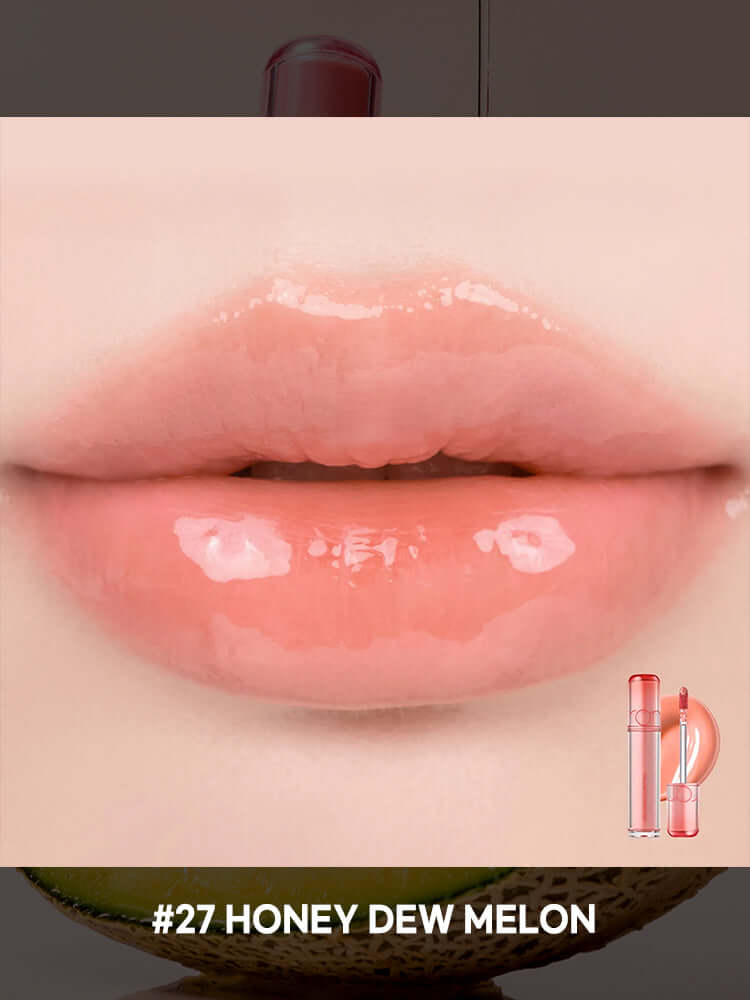 rom&nd The Juicy Lasting Tint 2.0 3.5g #RareSeries on glossy lips tinted in #27 Honey Dew Melon.