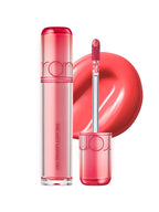 rom&nd The Juicy Lasting Tint 2.0 3.5g #RareSeries, vibrant lip tint with glossy applicator and a pink hue background.