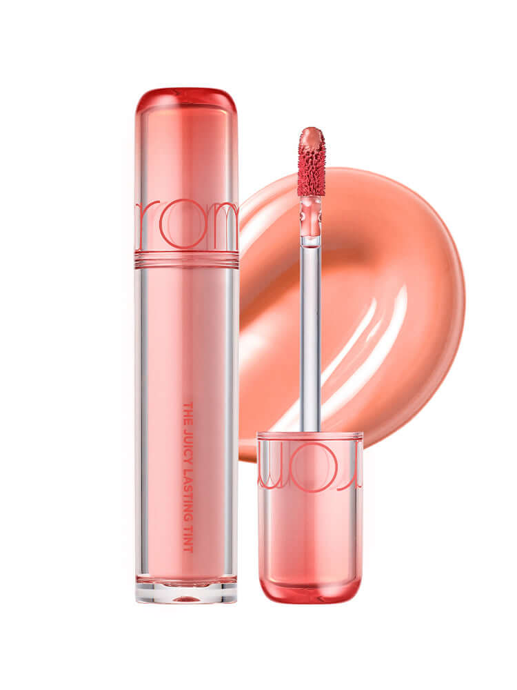 rom&nd The Juicy Lasting Tint 2.0 3.5g displayed with a peachy tint shade in a sleek tube and applicator.