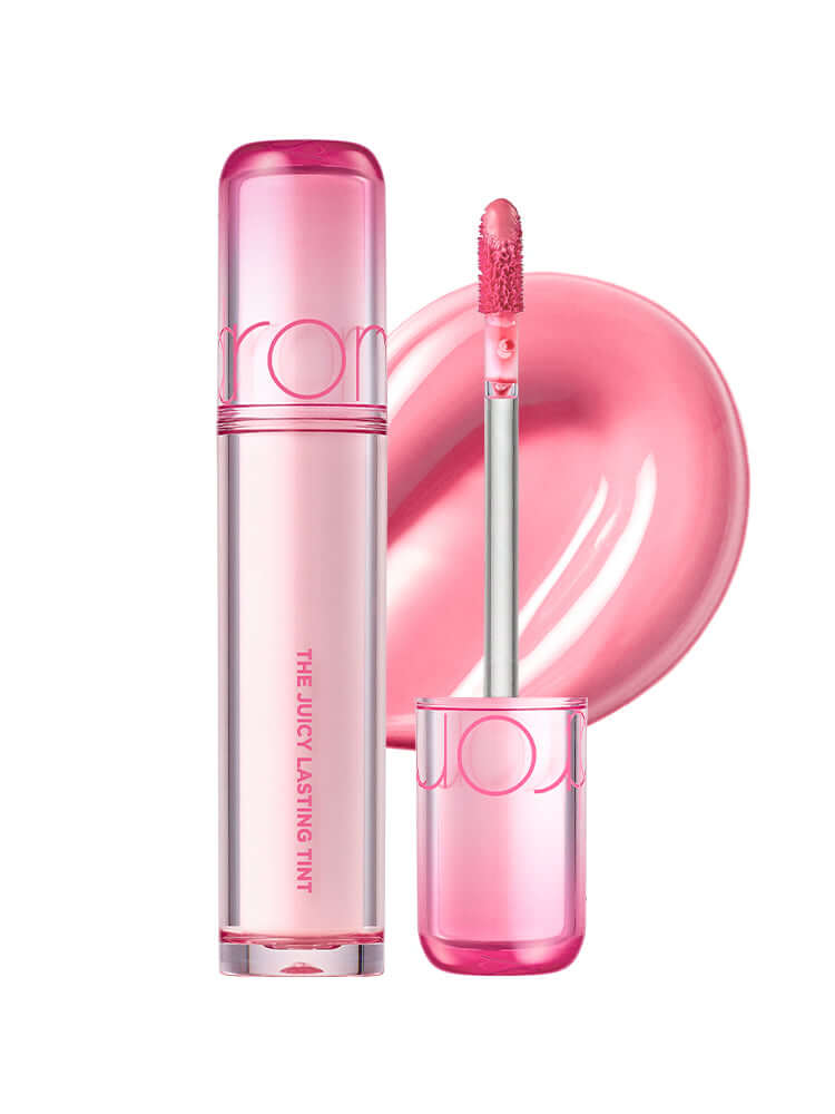 rom&nd The Juicy Lasting Tint 2.0 3.5g in a pink tube with applicator next to glossy pink tint.