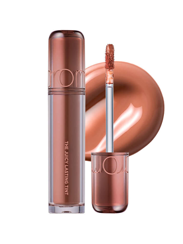 rom&nd The Juicy Lasting Tint 2.0 3.5g in a sleek bottle next to its glossy tint swatch.