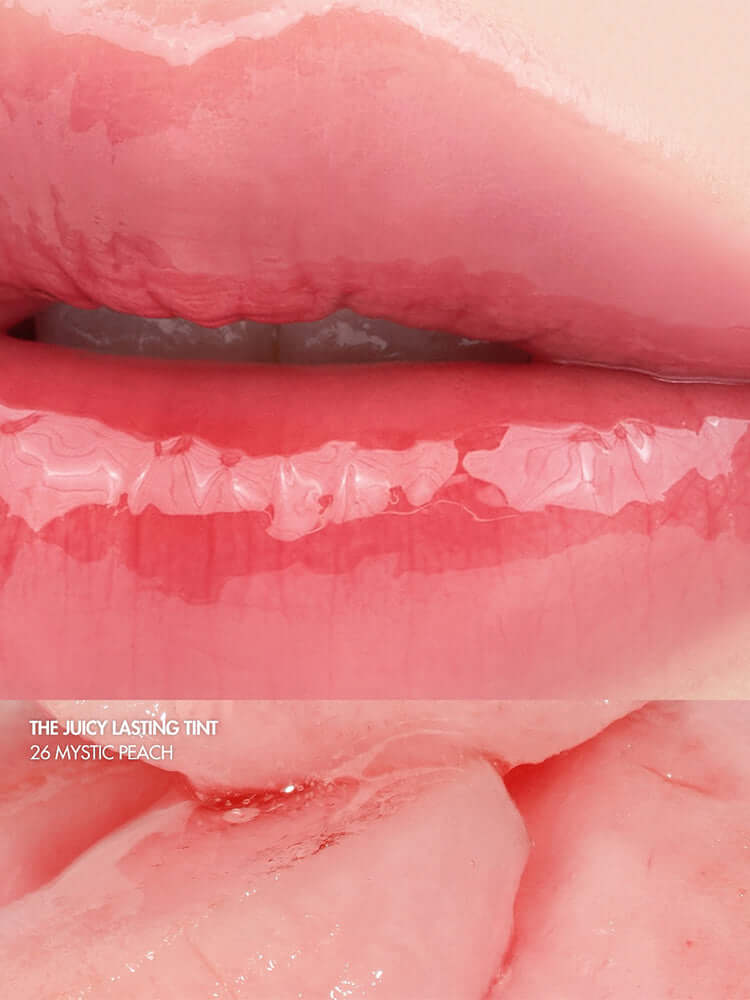 rom&nd The Juicy Lasting Tint 2.0 3.5g applied on lips showcasing Mystic Peach shade with glossy finish.