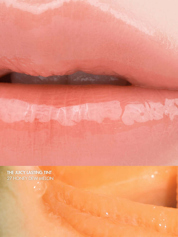 rom&nd The Juicy Lasting Tint 2.0 3.5g in the shade 27 Honey Dew Melon on lips with a glossy finish.