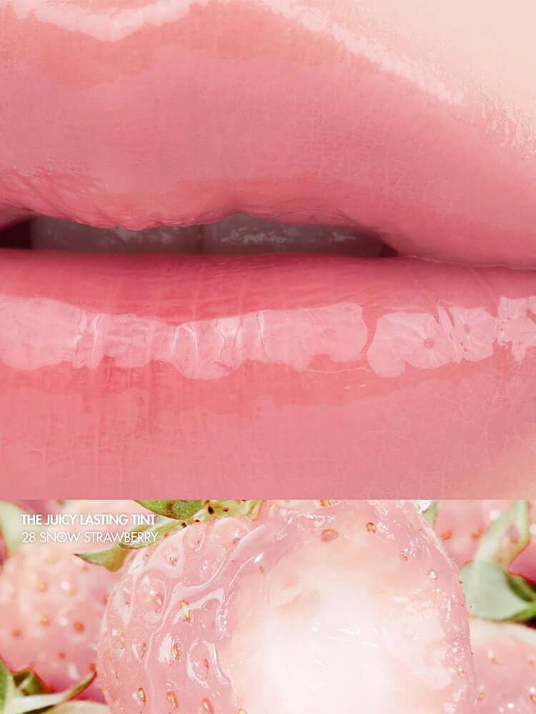 rom&nd The Juicy Lasting Tint 2.0 3.5g showing glossy pink lips and sliced strawberries.
