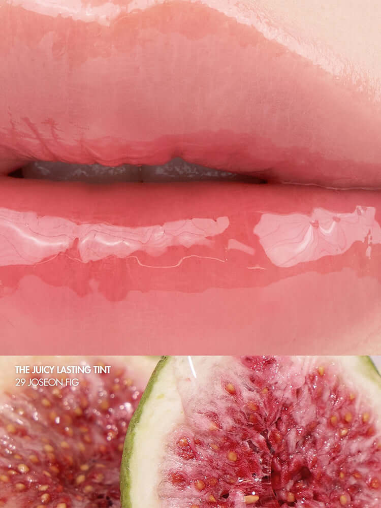rom&nd The Juicy Lasting Tint 2.0 3.5g showing glossy lips inspired by fig fruit with rich color and shine.