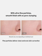 Before and after use of rom&nd Back Me No Sebum Powder 5g, showing smooth finish with no pore clumping.