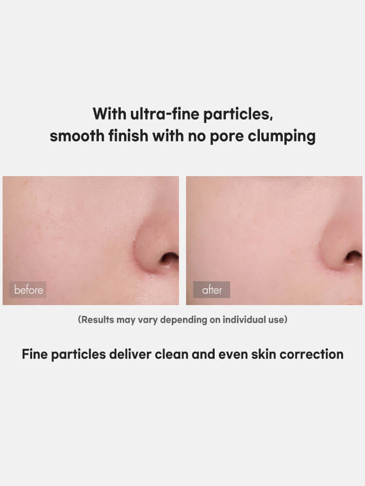 Before and after use of rom&nd Back Me No Sebum Powder 5g, showing smooth finish with no pore clumping.