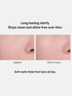 rom&nd Back Me No Sebum Powder 5g before and after results showing soft matte finish and shine-free skin.