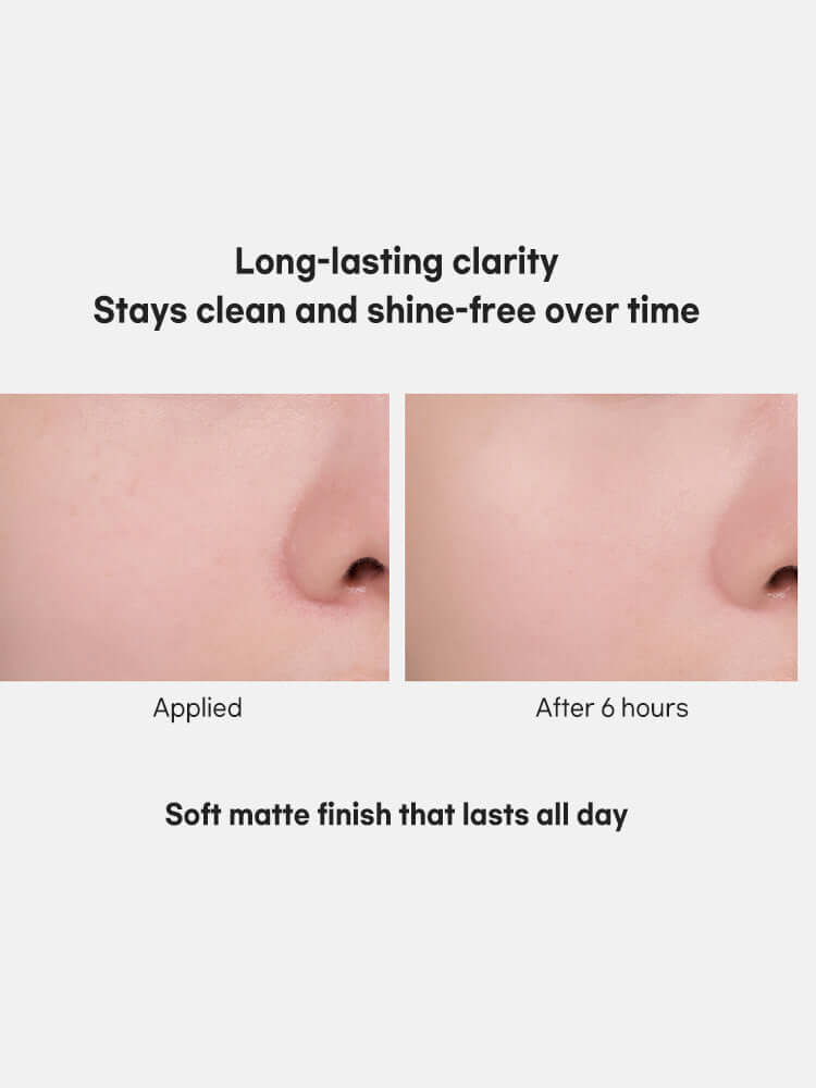 rom&nd Back Me No Sebum Powder 5g before and after results showing soft matte finish and shine-free skin.