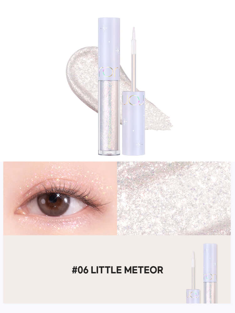 rom&nd Universe Liquid Glitter 2g showcasing iridescent shine for eye definition and a radiant look.