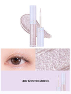 rom&nd Universe Liquid Glitter 2g in #07 Mystic Moon with sparkling effects on eyelids and product packaging.