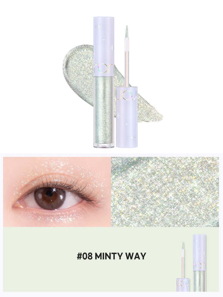 rom&nd Universe Liquid Glitter 2g in shade #08 Minty Way with iridescent shine for eye makeup.