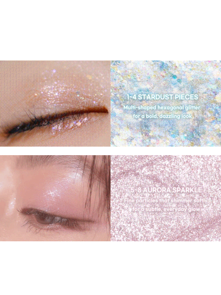 rom&nd Universe Liquid Glitter 2g showcasing stardust pieces for bold looks and aurora sparkle for everyday glow.