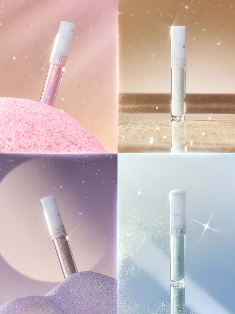 rom&nd Universe Liquid Glitter 2g in four colorful tubes on shimmery backgrounds, showcasing iridescent and glittery shine.