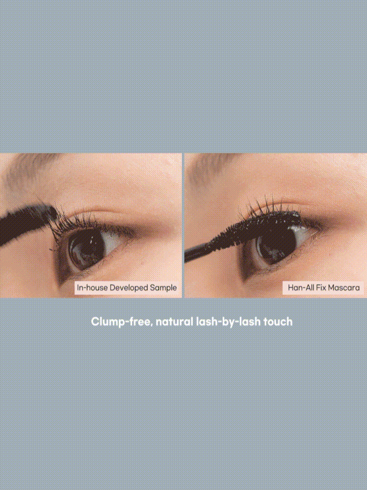 Comparison of lashes before and after using rom&nd Han All Fix Mascara, showcasing clump-free finish, korean beauty products online nz.