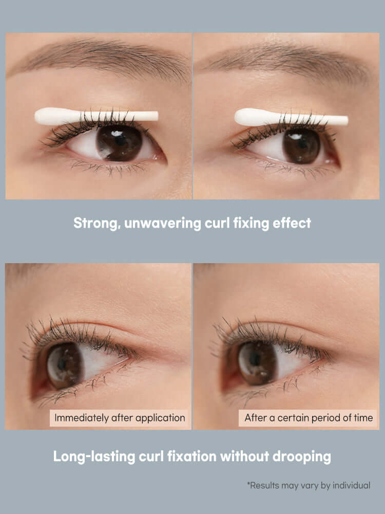 Strong curl fixation with rom&nd Han All Fix Mascara shown in before and after images, perfect for korean beauty products online nz.