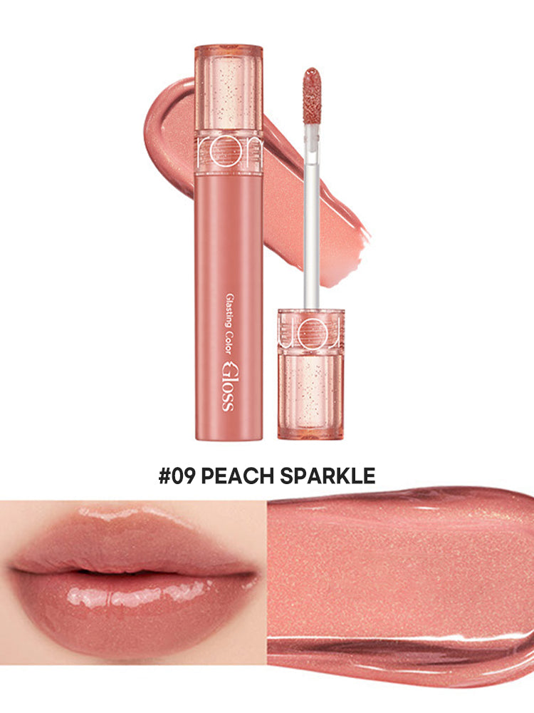 rom&nd Glasting Color Gloss Peach Sparkle in peach color with applicator and swatch, featuring plump, glossy lips.