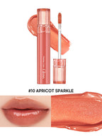 rom&nd Glasting Color Gloss Peach Sparkle in #10 Apricot Sparkle with a glossy applicator and shimmering lip swatch.