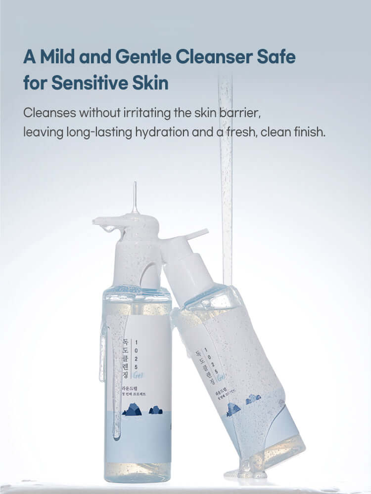 ROUND LAB 1025 Dokdo Cleansing Gel 150ml in clear bottles with gentle foam for sensitive skin.