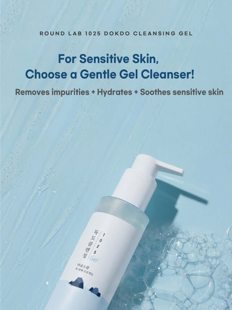 ROUND LAB 1025 Dokdo Cleansing Gel 150ml on a blue background, promoting gentle cleansing for sensitive skin.