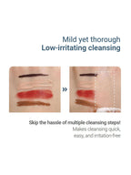 ROUND LAB 1025 Dokdo Cleansing Water 400ml demonstrating easy makeup removal on skin swatches.