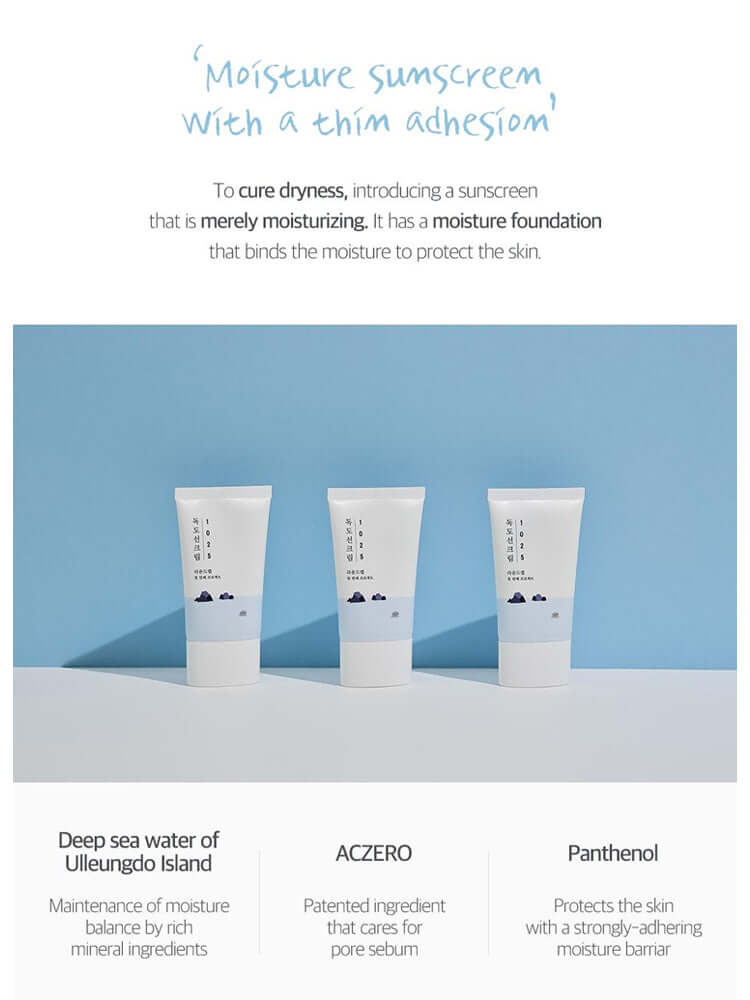 ROUND LAB 1025 Dokdo Sunscreen features moisture foundation to protect skin and controls dryness with a thin adhesion formula.