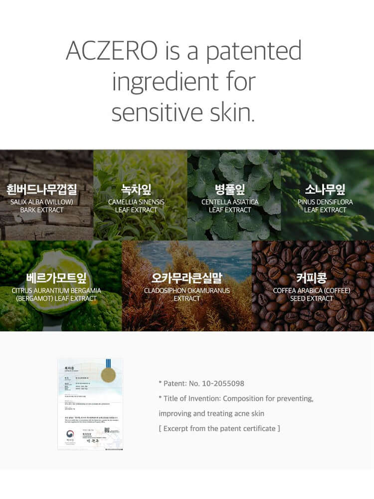 Image showcasing ACZERO, a patented ingredient for sensitive skin, listing various herbal extracts and the patent certificate.